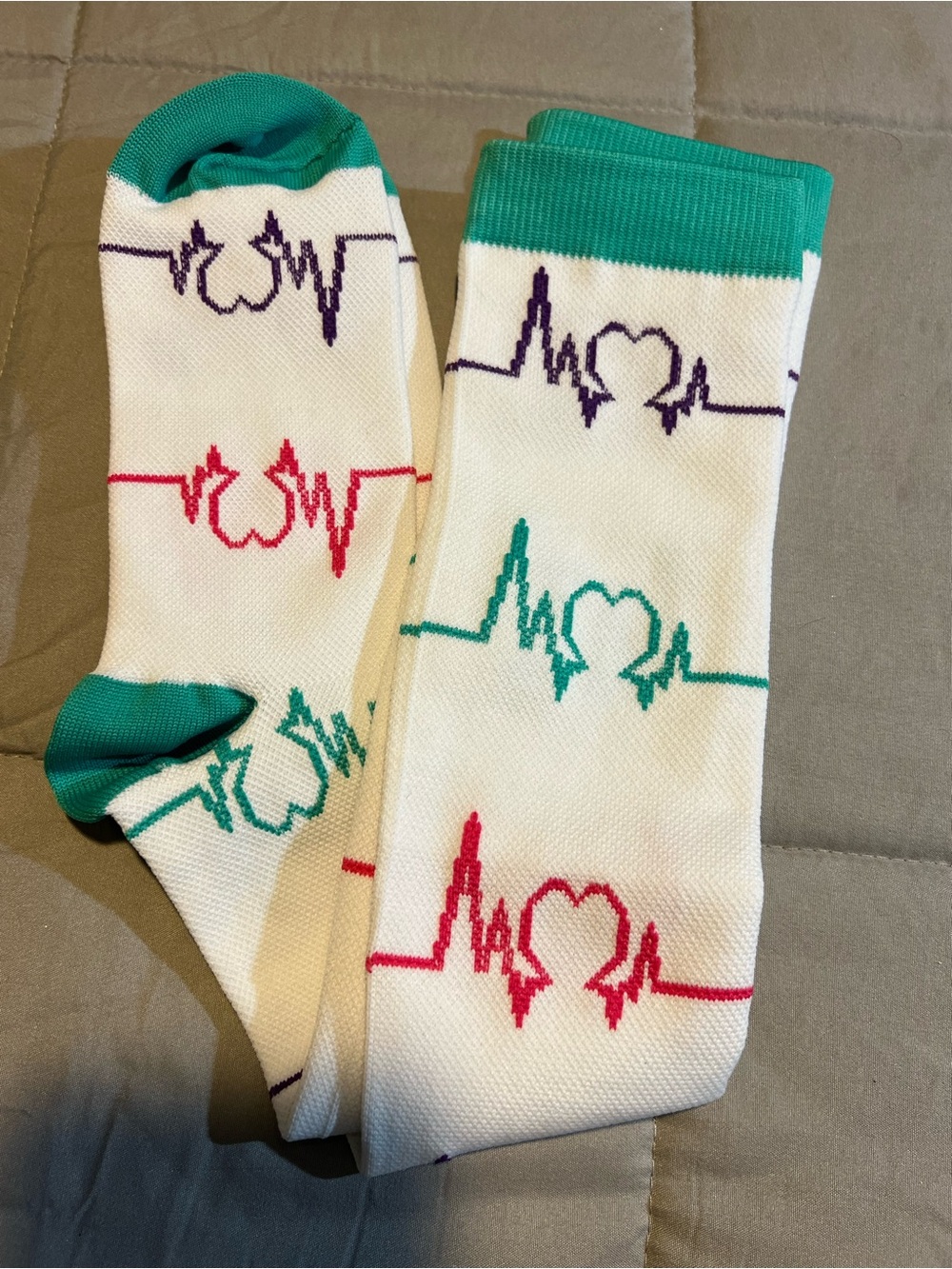Women's White Crew Socks with Teal, Purple & Red Heartbeat Motif